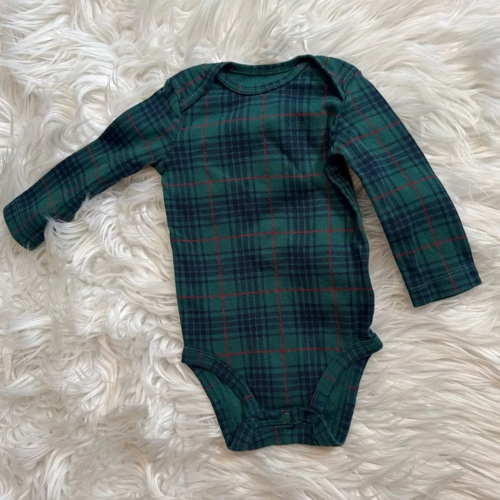 Carter’s Baby Boy Christmas Outfit 6M‎ Reindeer Plaid Set Footed Pants EUC
